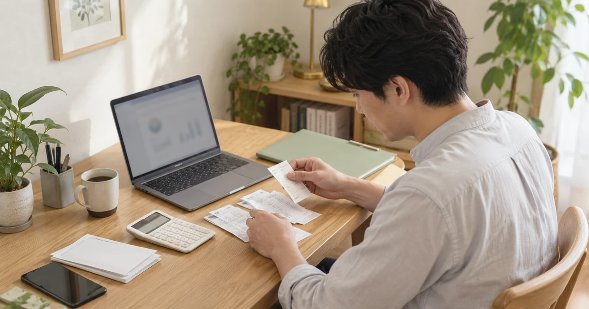 自宅の机で副業の書類と領収書を整理する会社員