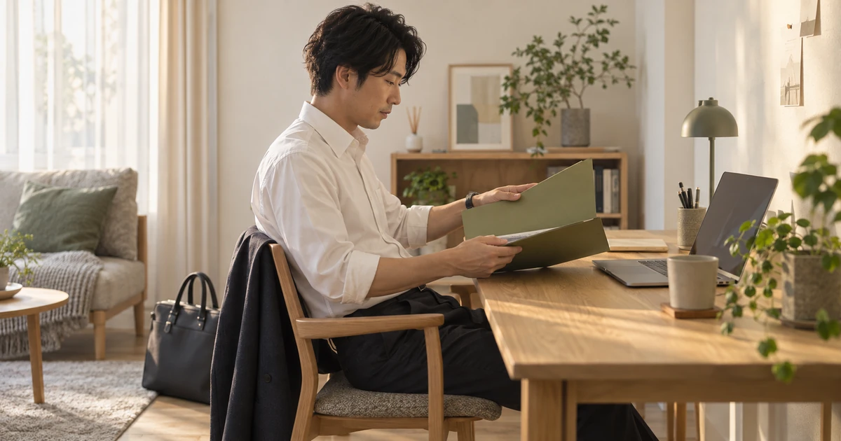 仕事用の鞄を脇に置き、副業の資料を開く会社員