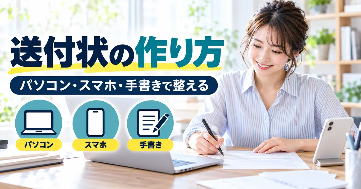 パソコン・スマホ・手書きで送付状を作成する女性
