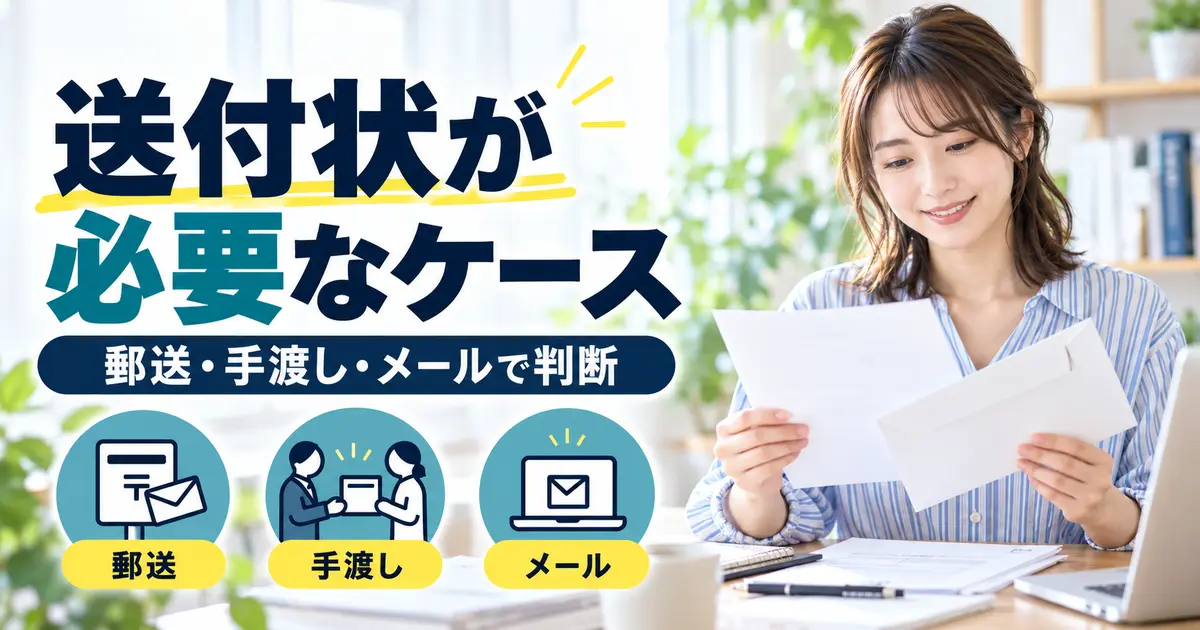 郵送・手渡し・メールで送付状の要否を判断する女性と3つの提出方法