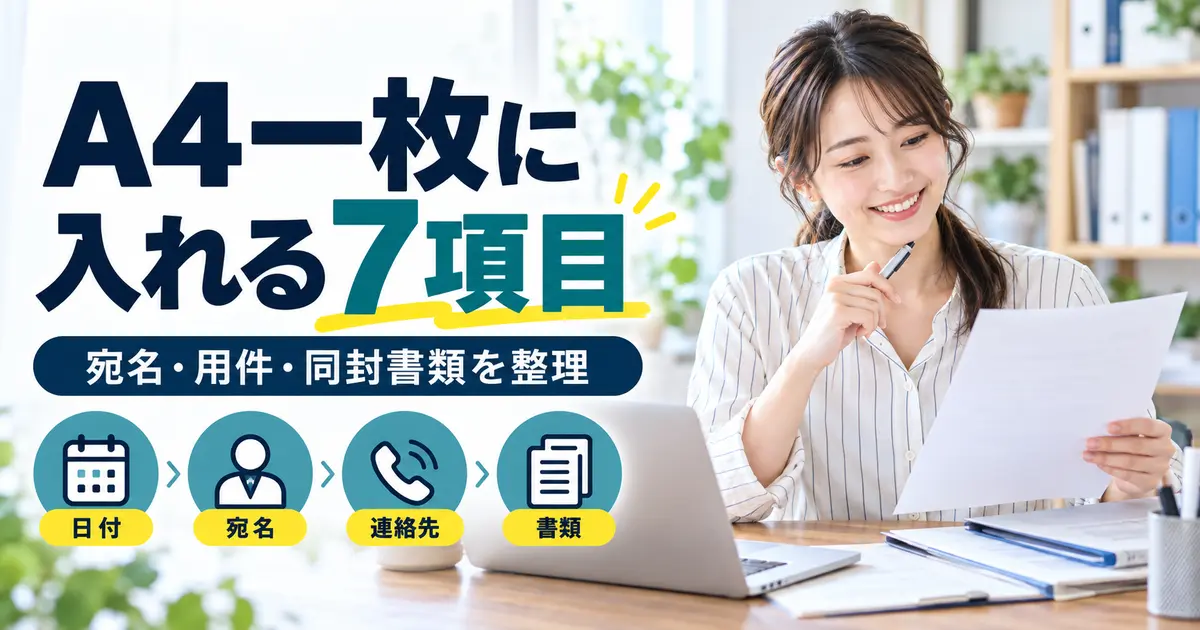 A4の送付状に入れる日付・宛名・連絡先・同封書類を整理する女性
