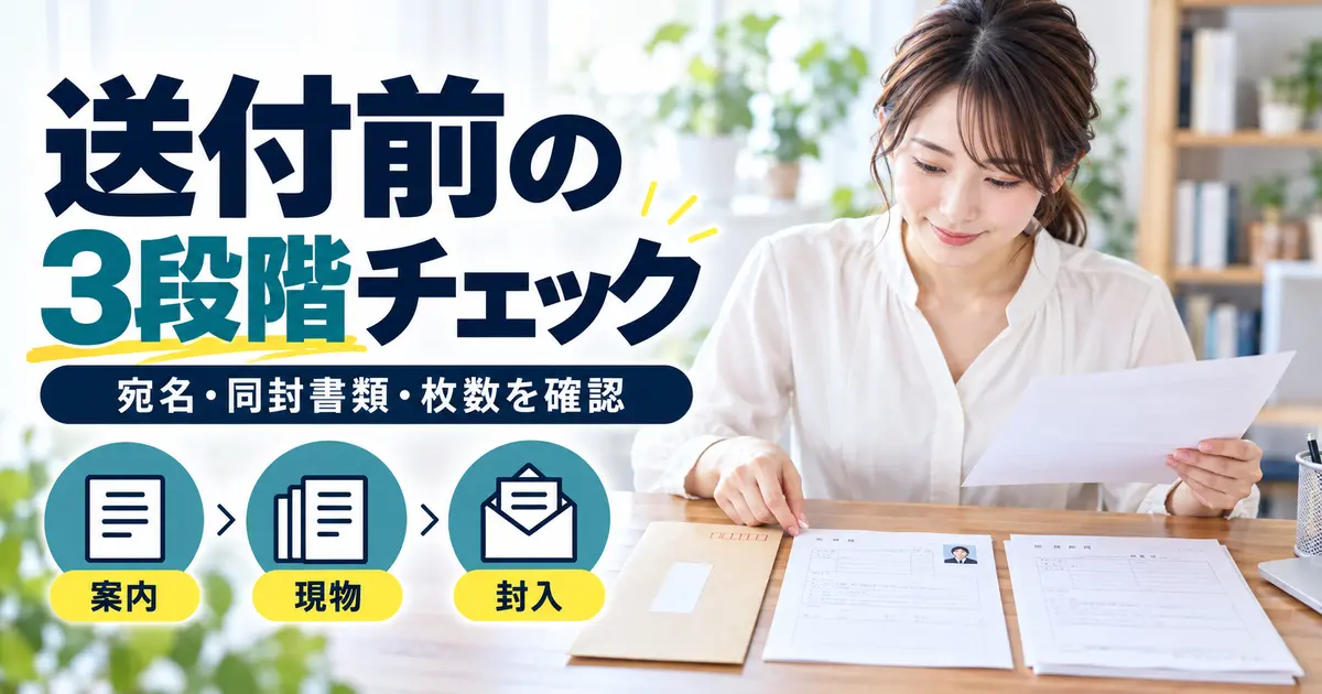 応募案内・同封書類の現物・封入を3段階で確認する女性