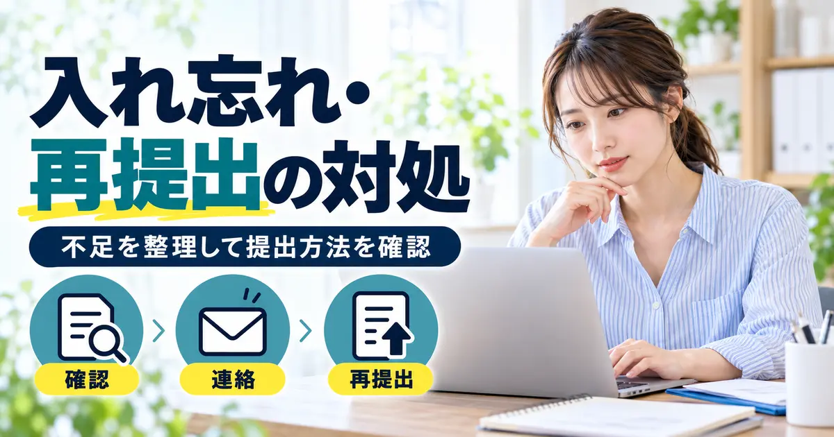 応募書類の不足を確認して連絡し再提出方法を調べる女性