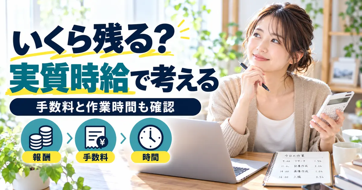 電卓と作業記録で報酬・手数料・作業時間を確認する女性