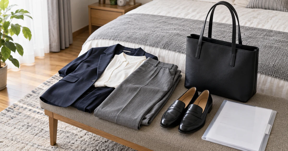 転職初日に向けて服装と靴とバッグと書類を清潔に準備した様子