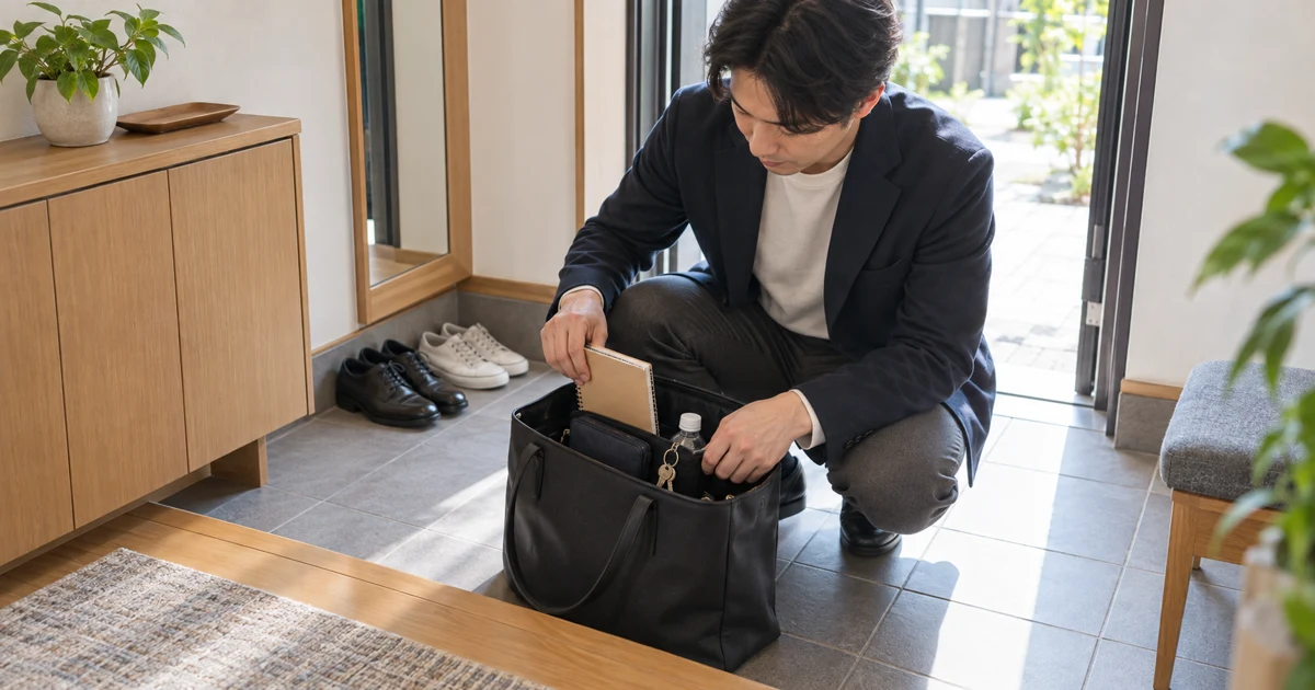 出勤前の玄関で通勤バッグの中身を最終確認する人