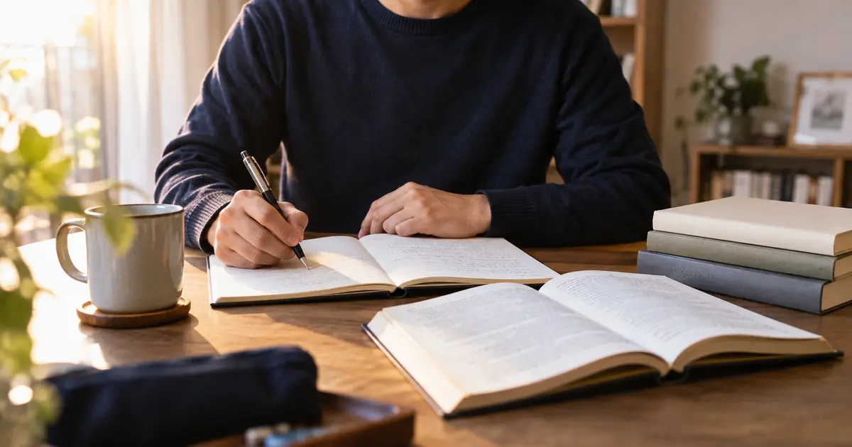 学習資料をそばに置き経験をノートへ整理する人
