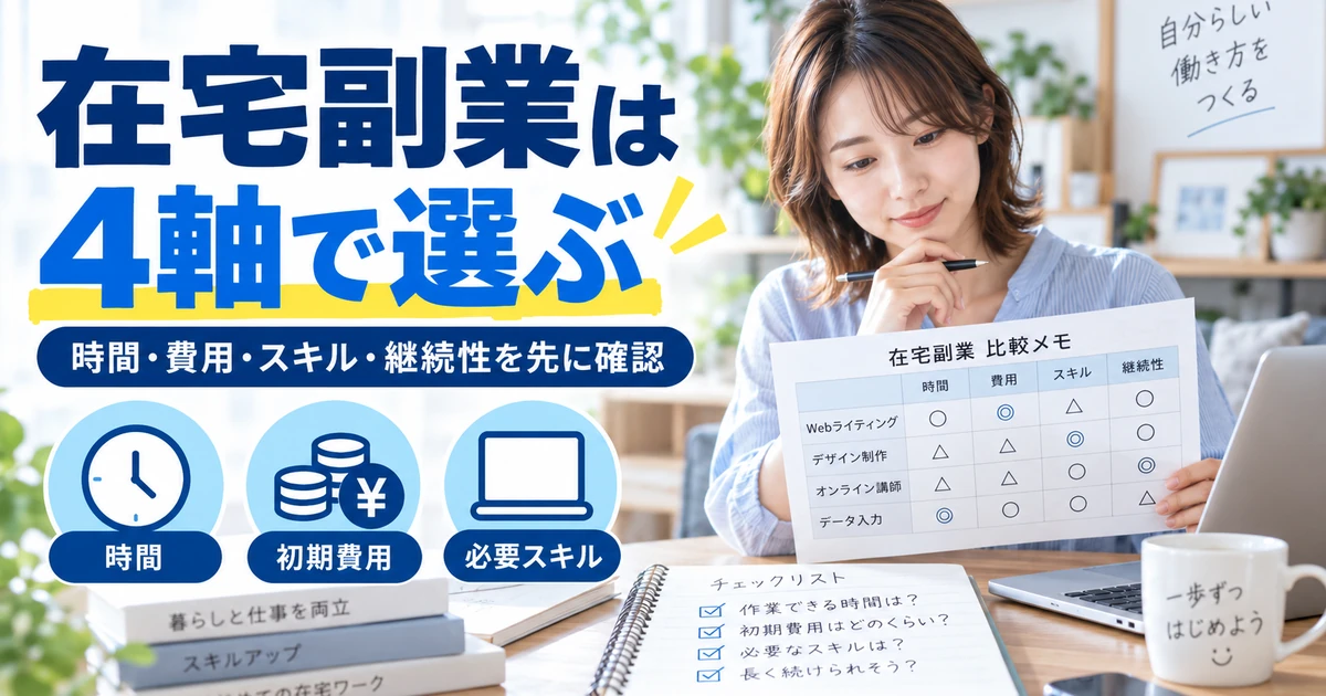 在宅副業を時間・初期費用・必要スキル・継続性の4軸で選ぶ1200×630の見出し画像