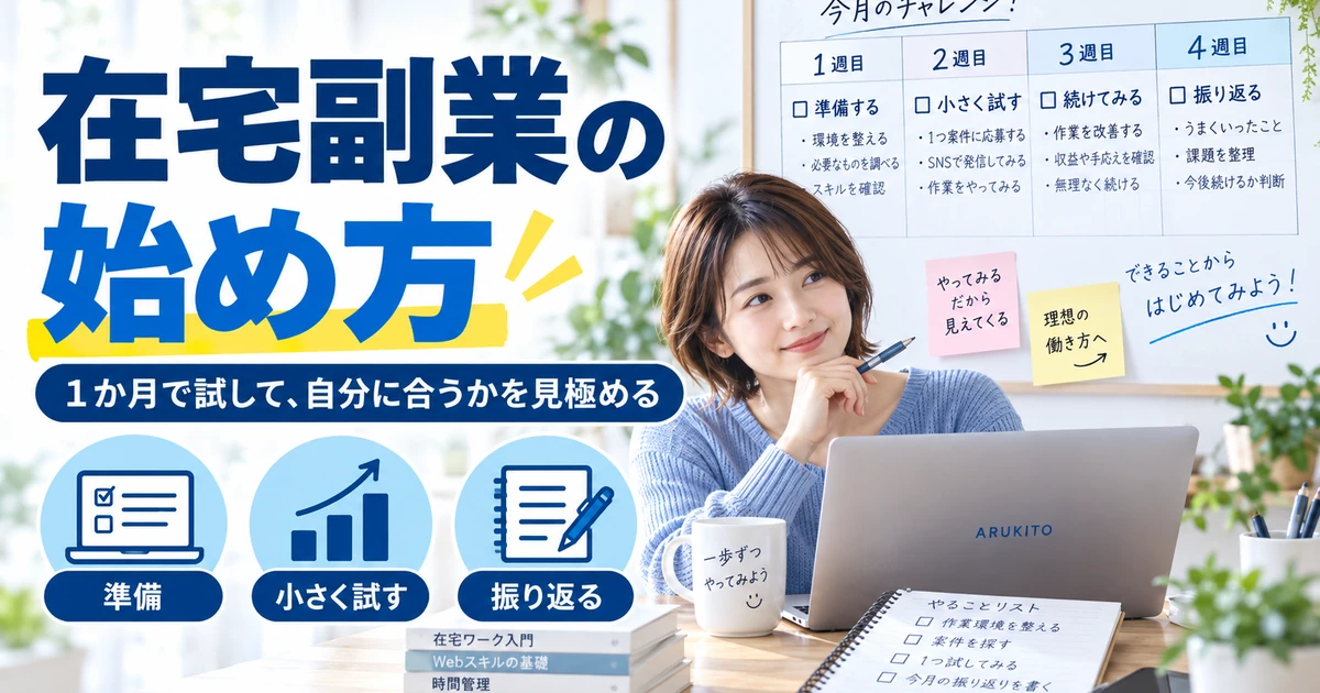 在宅副業を1か月で小さく試して振り返る始め方を示した1200×630の見出し画像