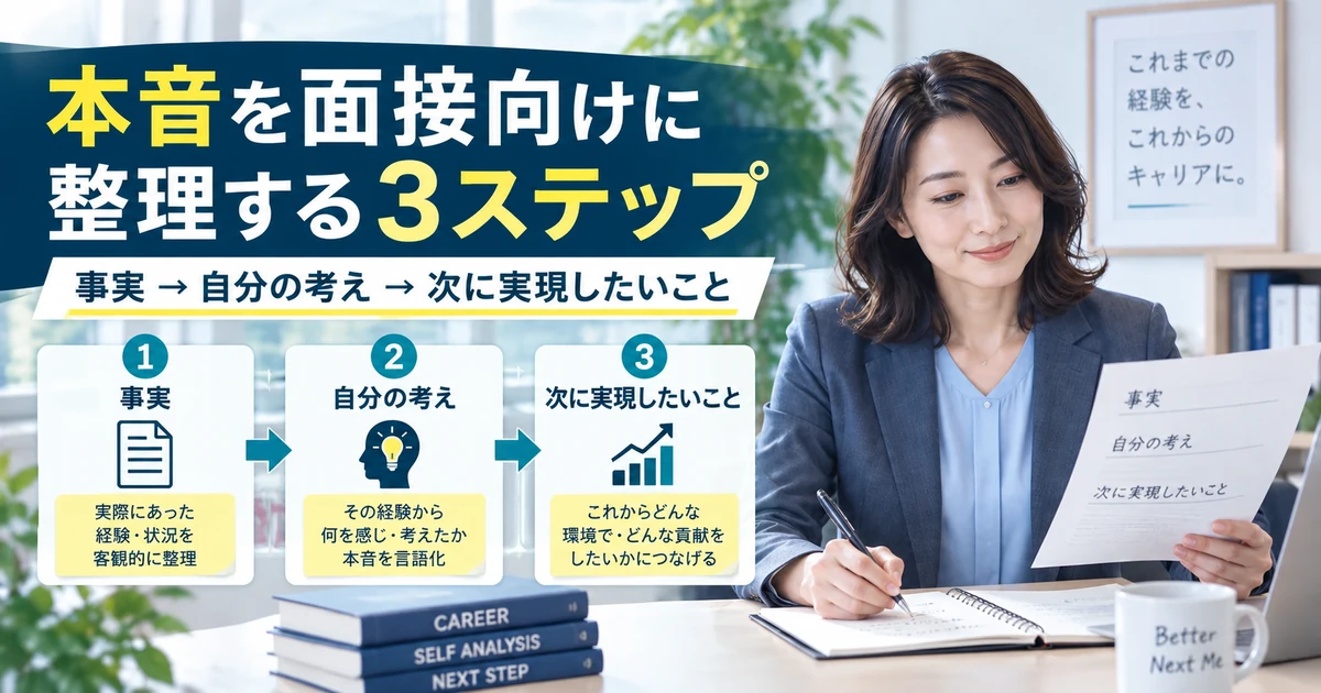 退職理由の本音を事実・自分の考え・次に実現したいことの3ステップで面接向けに整理するARUKITO見出し画像
