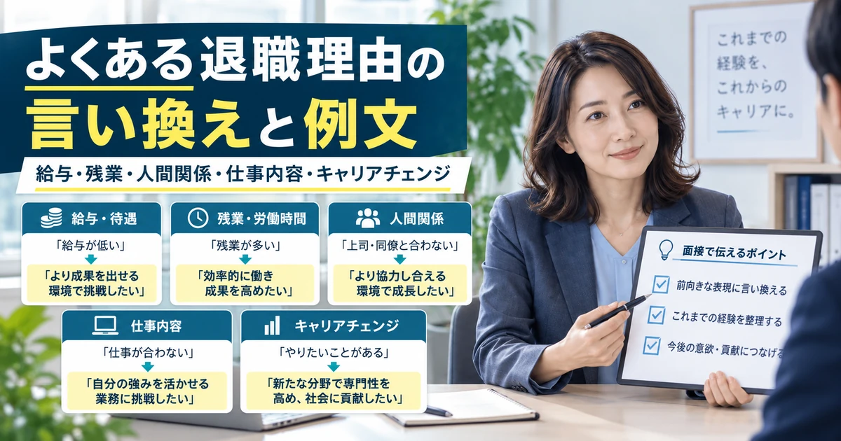 給与・残業・人間関係・仕事内容・キャリアチェンジなどよくある退職理由の言い換え例と例文を整理したARUKITO見出し画像