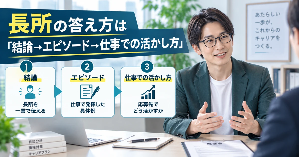 長所を結論・エピソード・仕事での活かし方の順に答える方法を整理したARUKITO見出し画像