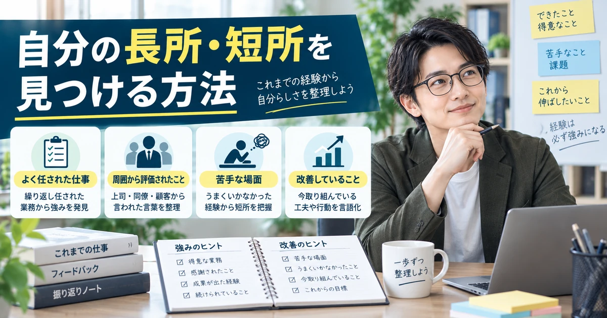 自分の長所・短所を任された仕事・周囲の評価・苦手な場面・改善行動から見つけるARUKITO見出し画像