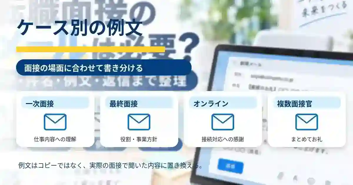 一次面接・最終面接・オンライン面接・複数面接官のケース別お礼メール例文を整理したARUKITOオリジナル図解