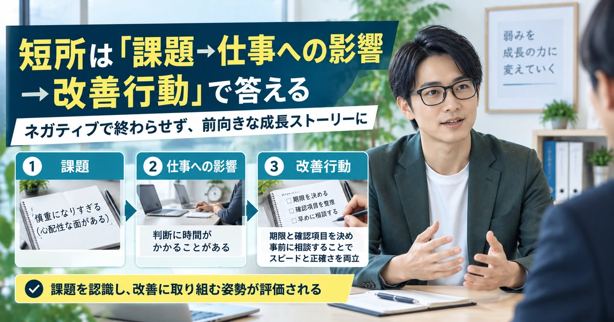 短所を課題・仕事への影響・改善行動の順に前向きに伝える方法を整理したARUKITO見出し画像