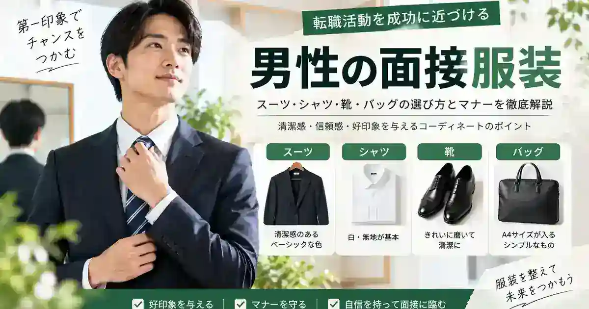 男性の転職面接で使うスーツ・シャツ・靴・バッグの選び方を示す章画像