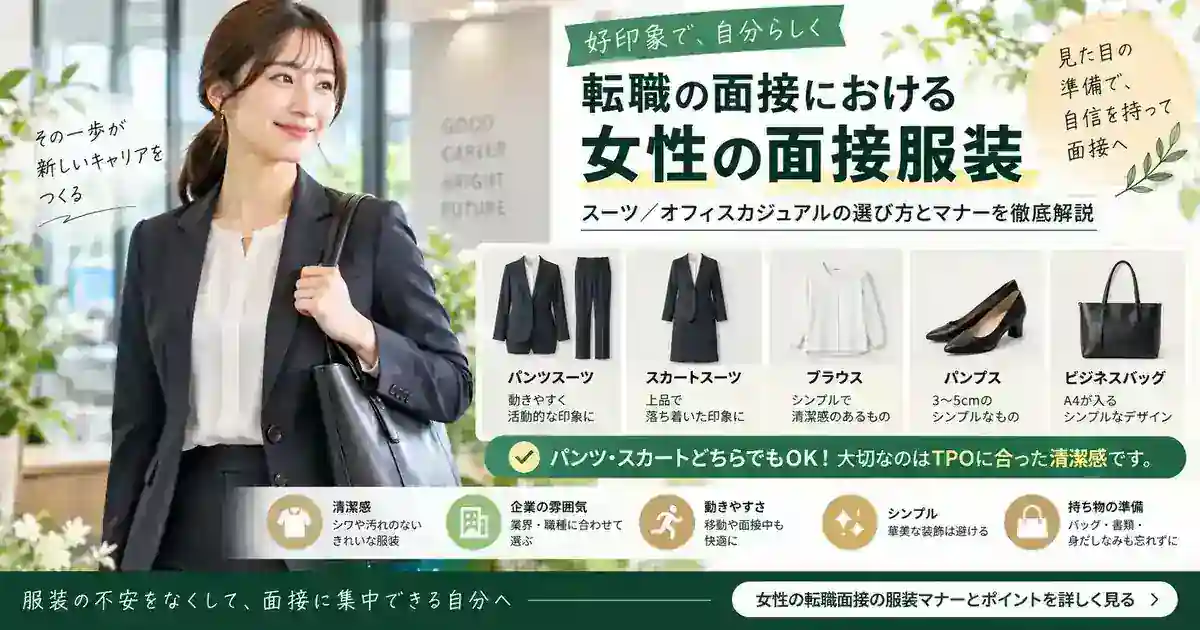 女性の転職面接で使うスーツ・ブラウス・パンプス・バッグの選び方を示す章画像