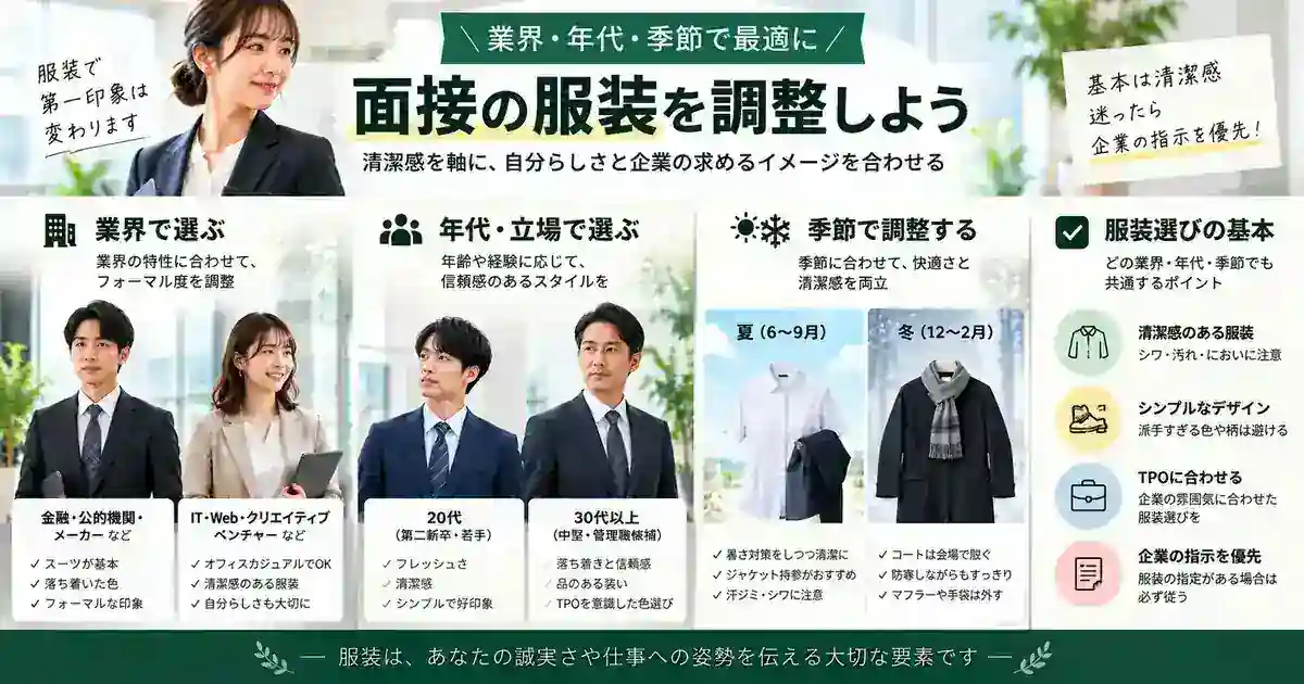 業界・年代・季節に合わせて転職面接の服装を調整するポイントの図解