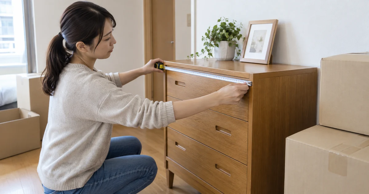 段ボール箱のある部屋で引っ越し前に家具の幅を測る人