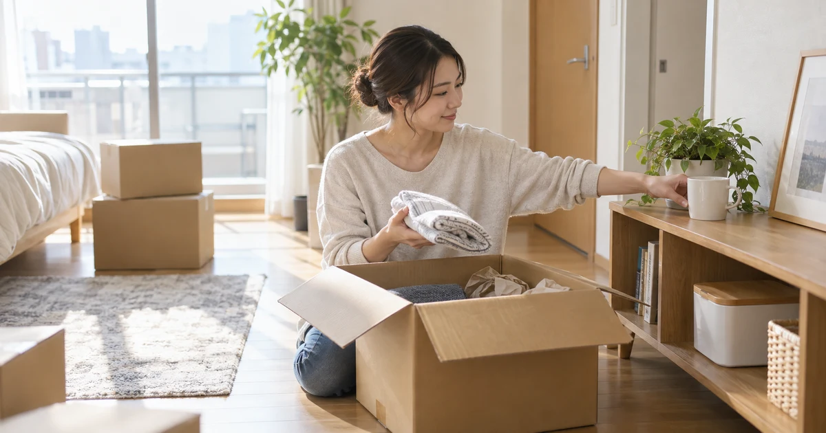 新居で段ボール箱を開けタオルやカップなど生活用品を取り出す人
