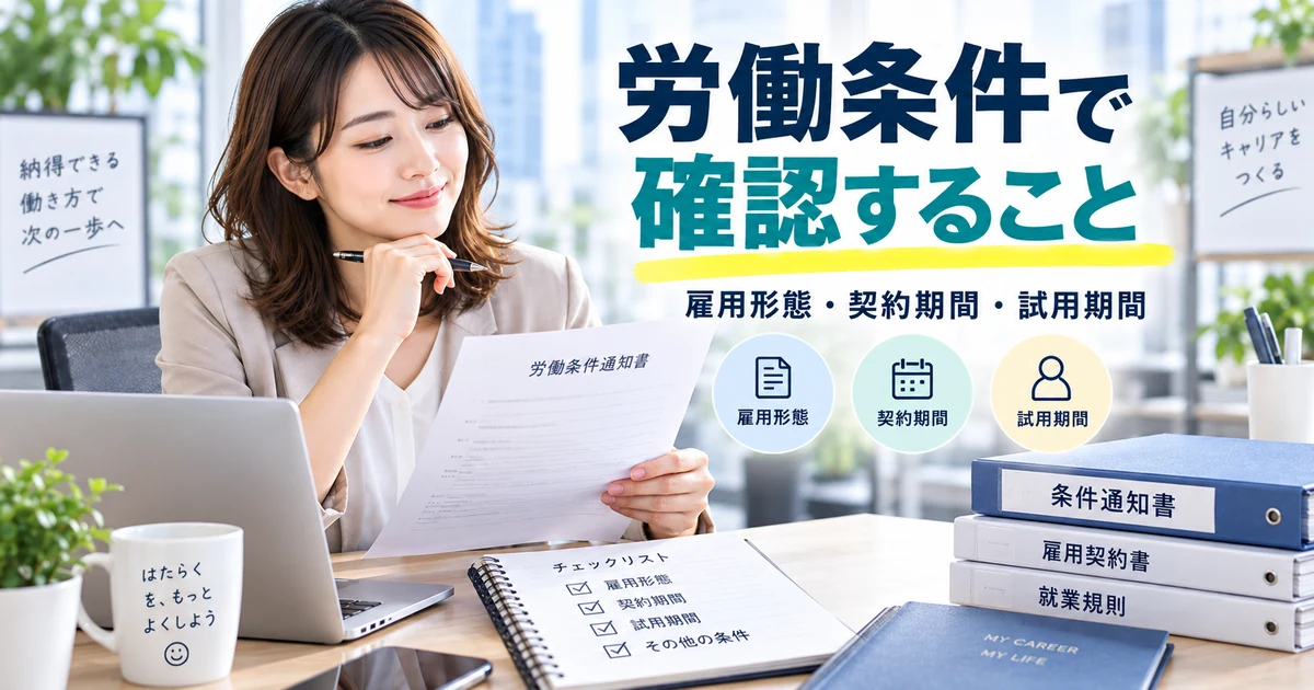 内定承諾前に雇用形態・契約期間・試用期間など労働条件を確認するARUKITOオリジナル章画像