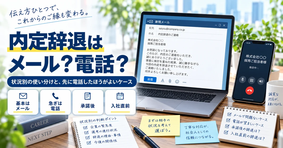 内定辞退をメールと電話のどちらで伝えるか、承諾後・入社直前を含めて整理したARUKITOオリジナル章画像