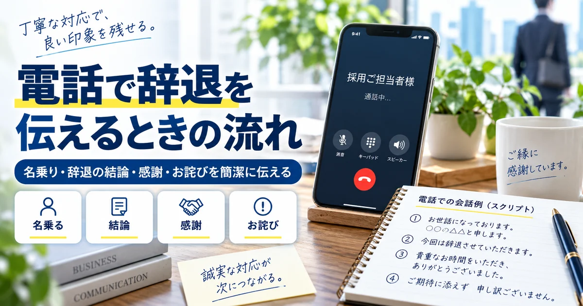 電話で内定辞退を伝える際の名乗り・結論・感謝・お詫びの流れを整理したARUKITOオリジナル章画像