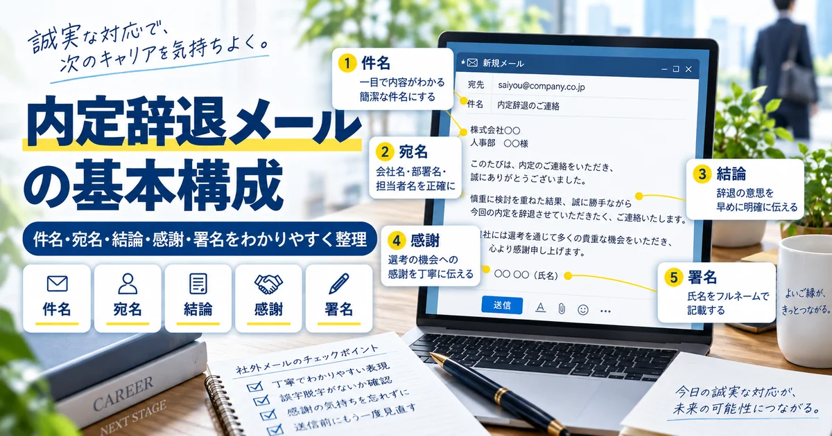 内定辞退メールの件名・宛名・結論・感謝・署名の基本構成を整理したARUKITOオリジナル章画像