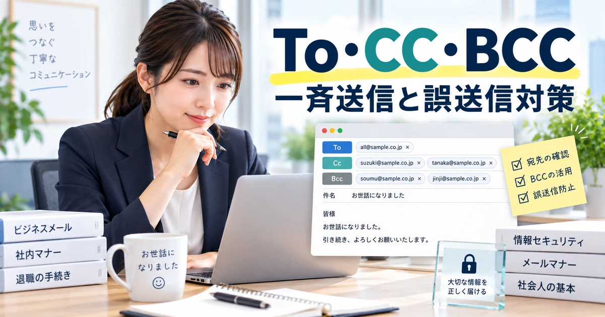 退職挨拶メールのTo・CC・BCCの使い分けと一斉送信・誤送信対策を整理したARUKITOオリジナル章画像