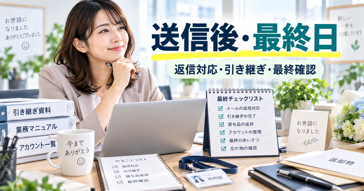 退職挨拶メール送信後の返信対応・引き継ぎ・最終確認を整理したARUKITOオリジナル章画像