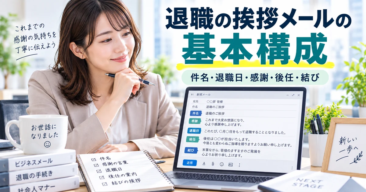 退職挨拶メールの件名・退職日・感謝・後任・結びの基本構成を整理したARUKITOオリジナル章画像