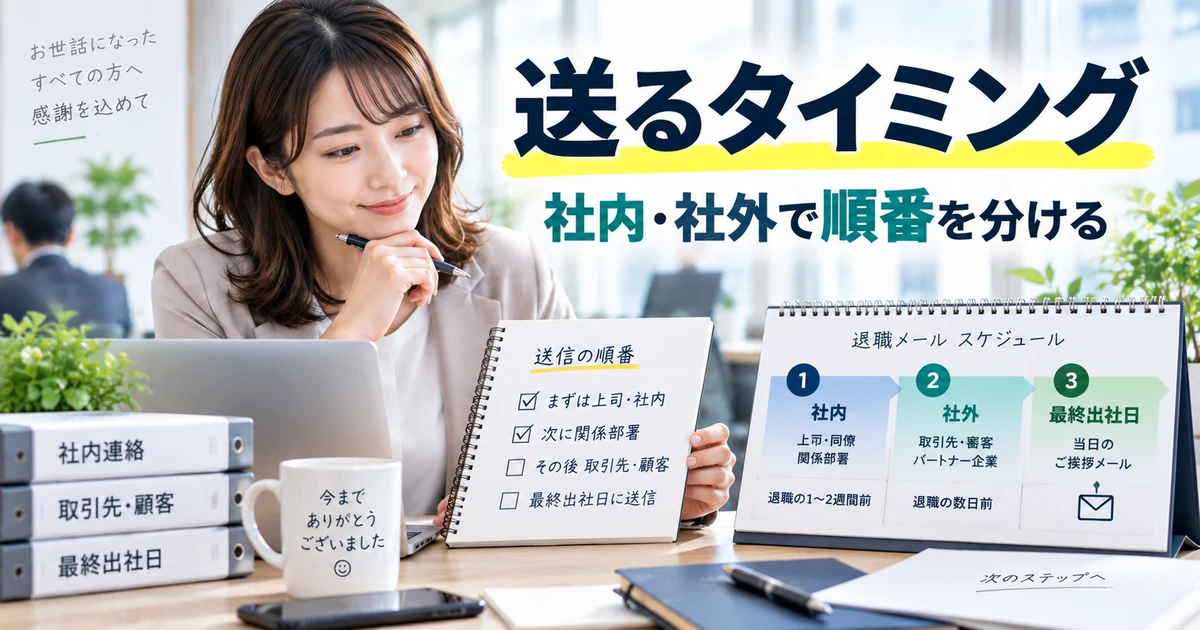 退職挨拶メールを送るタイミングを、社内・社外・最終出社日の順で整理したARUKITOオリジナル章画像