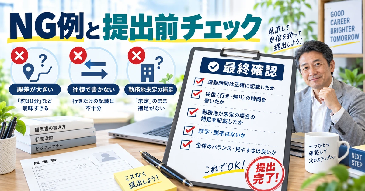 履歴書の通勤時間で避けたいNG例と提出前チェックを整理したARUKITO見出し画像