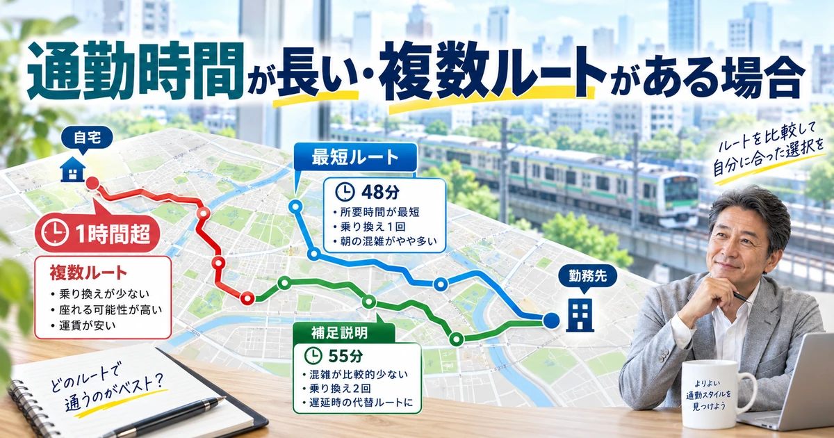 通勤時間が長い場合や複数ルートがある場合の考え方を整理したARUKITO見出し画像