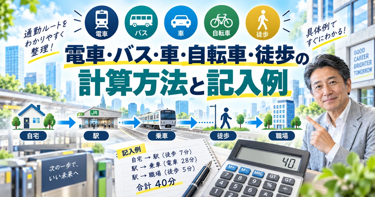 電車・バス・車・自転車・徒歩の通勤時間の計算方法と記入例を整理したARUKITO見出し画像