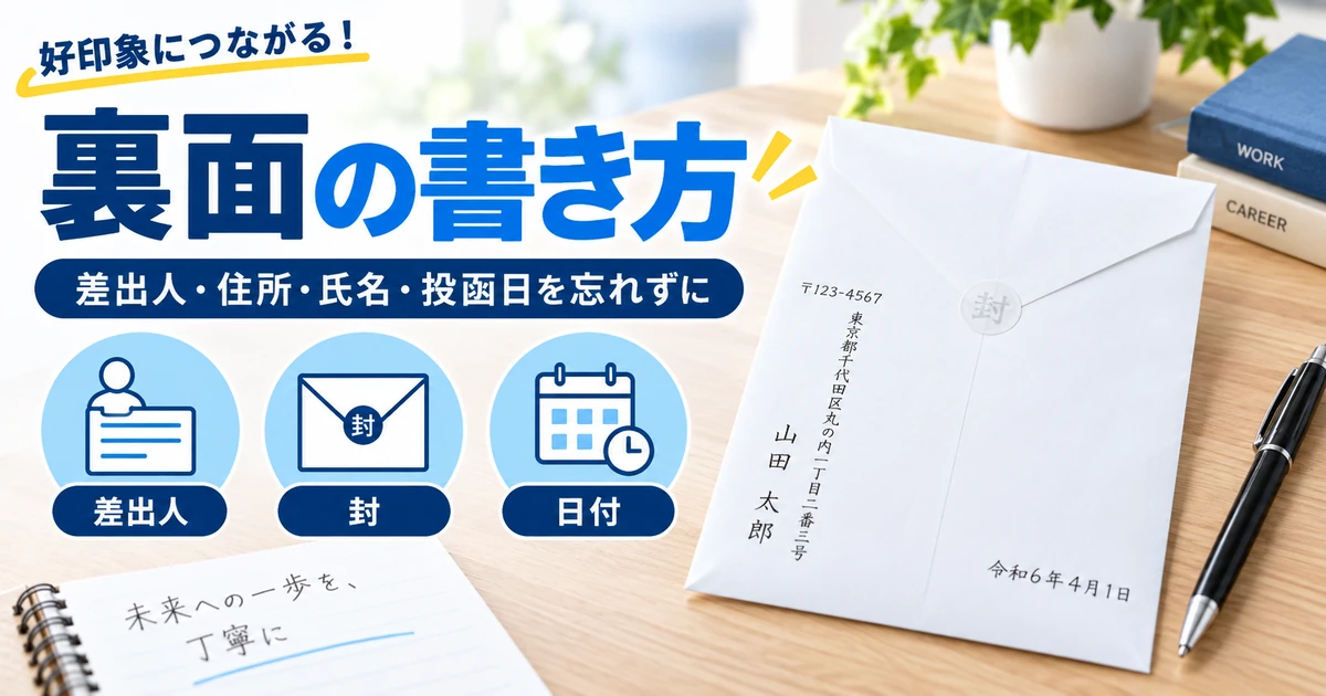 履歴書封筒の裏面に差出人住所・氏名・日付・封を記載する1200×630の見出し画像