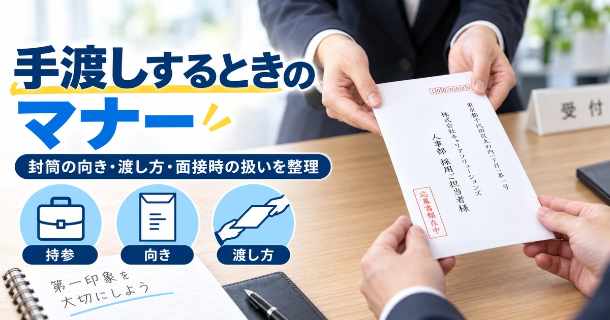面接や受付で履歴書封筒を手渡しする向き・渡し方を整理した1200×630の見出し画像