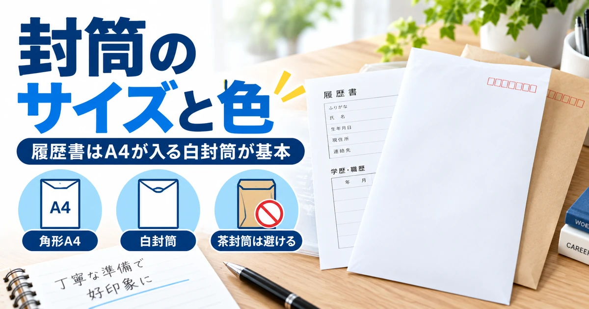 履歴書を折らずに入れやすい白封筒とA4対応サイズを整理した1200×630の見出し画像