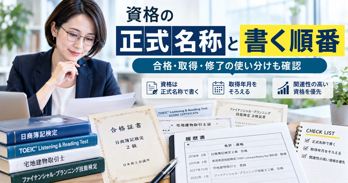 履歴書に資格の正式名称・合格取得修了の表現・書く順番を整理したARUKITOオリジナル見出し画像