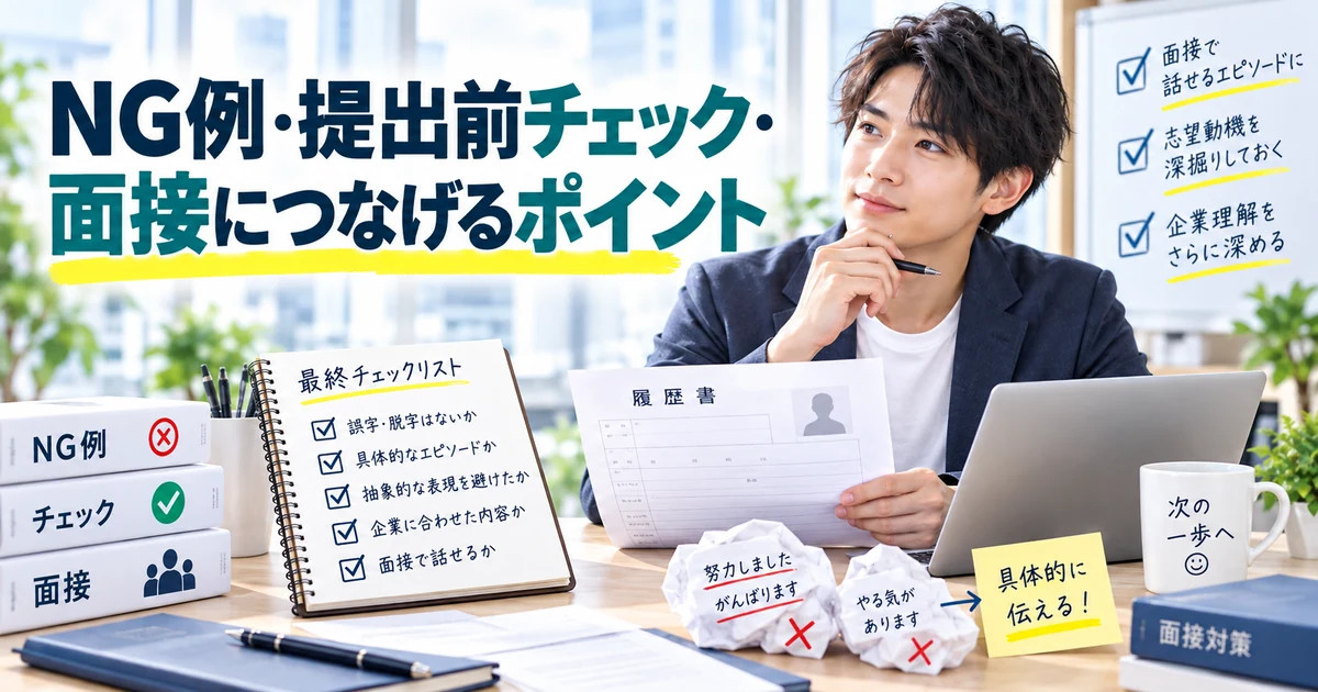 志望動機のNG例・提出前チェック・面接につなげるポイントを示したARUKITOオリジナル見出し画像