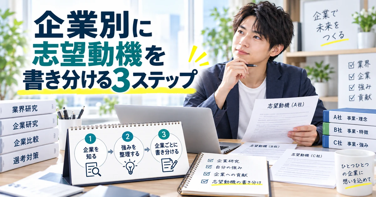 企業研究から応募先ごとに志望動機を書き分ける3ステップを示したARUKITOオリジナル見出し画像