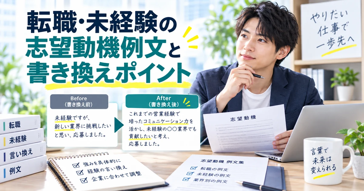 転職・未経験の志望動機例文と具体的な書き換えポイントを示したARUKITOオリジナル見出し画像
