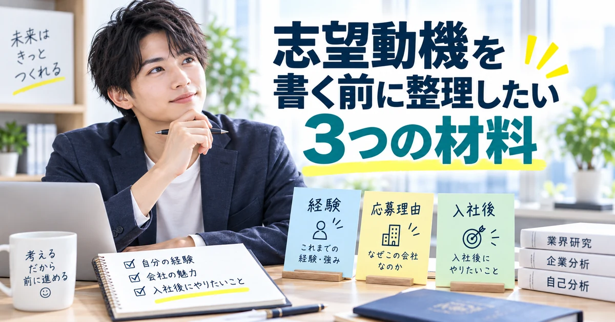 志望動機を書く前に経験・応募理由・入社後の3つの材料を整理するARUKITOオリジナル見出し画像