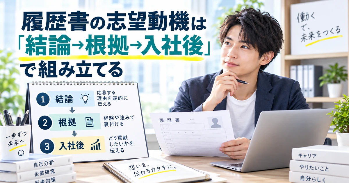 履歴書の志望動機を結論・根拠・入社後の順で組み立てる基本構成を示したARUKITOオリジナル見出し画像