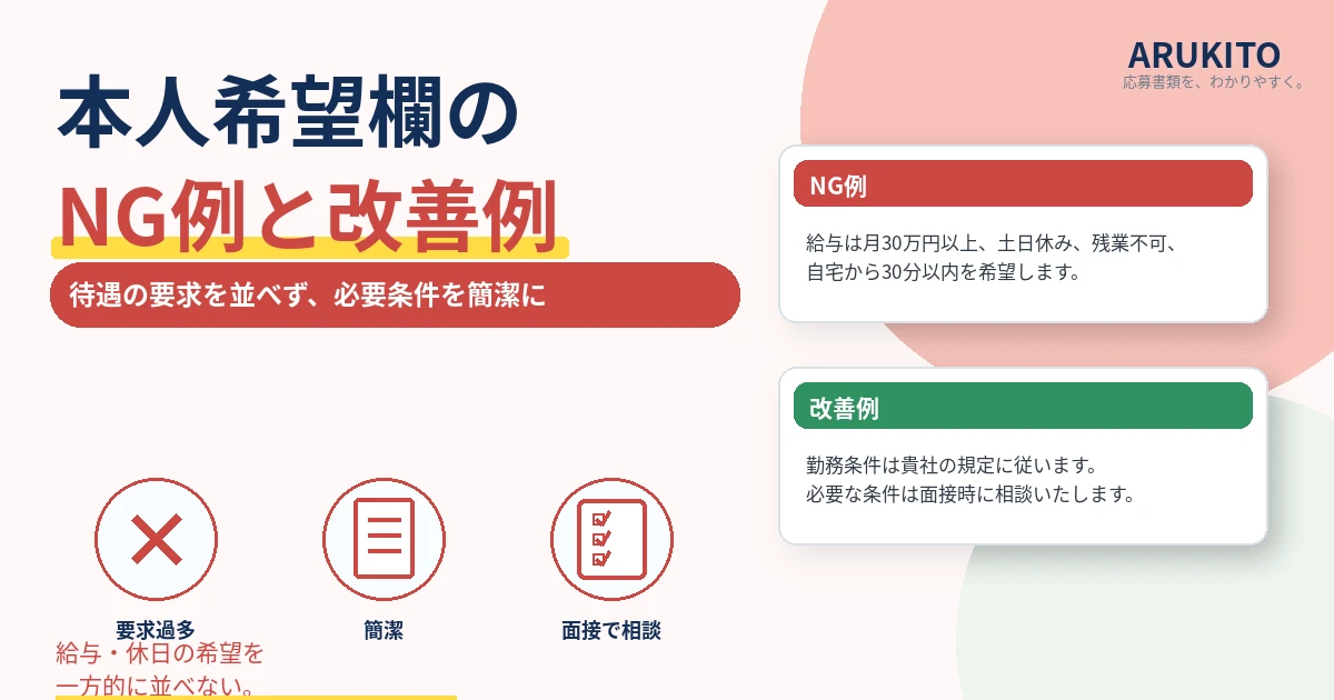 履歴書の本人希望欄で避けたいNG例と改善例を比較した1200×630の見出し画像