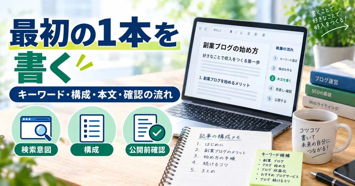 副業ブログ最初の1本を検索意図・構成・本文・公開前確認の流れで作る1200×630の見出し画像