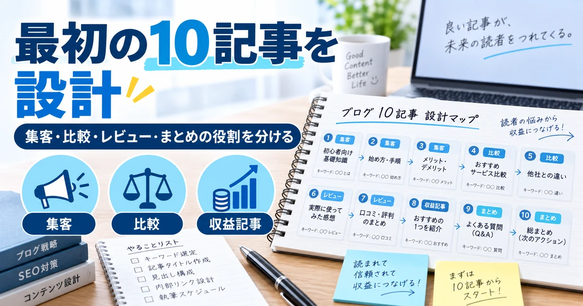 副業ブログ最初の10記事を集客・比較・レビュー・収益記事に分けて設計する1200×630の見出し画像