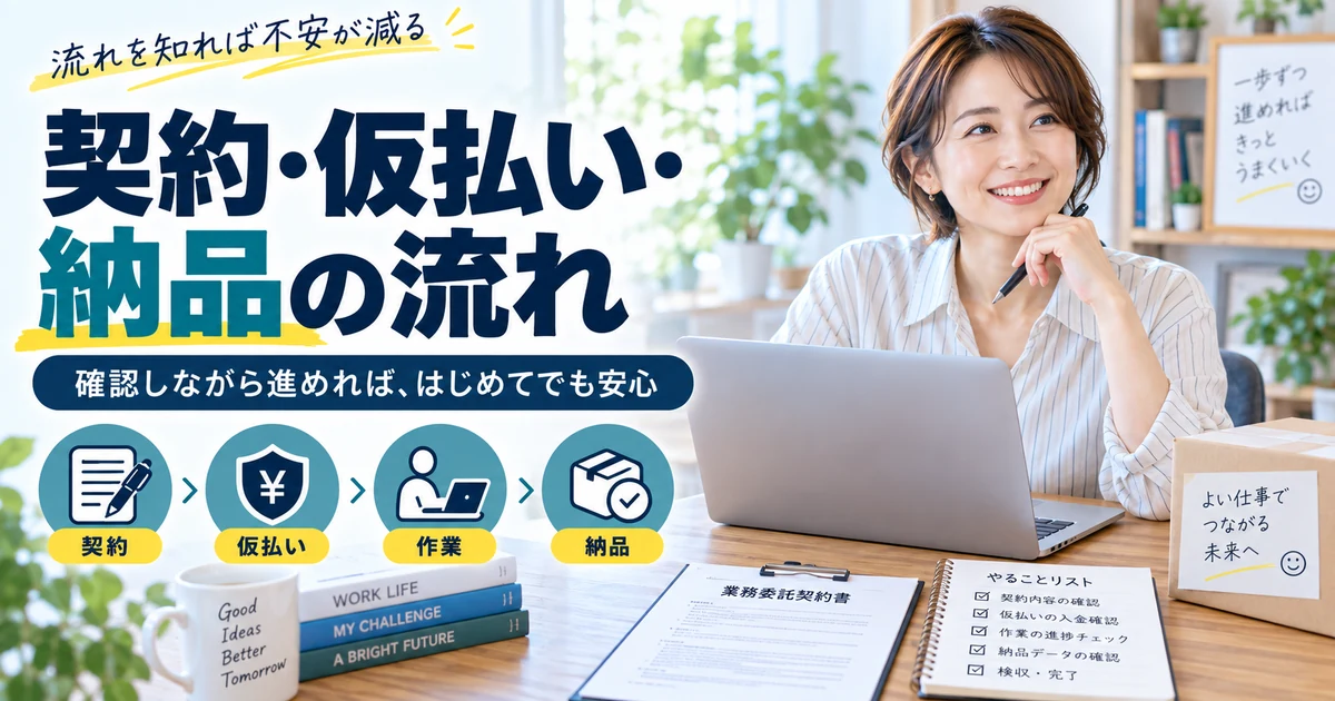 クラウドソーシングの契約・仮払い・作業・納品の流れを整理したARUKITO見出し画像