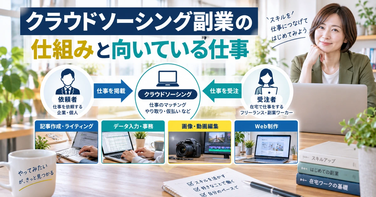 クラウドソーシングの仕組みとライティング・データ入力・画像動画編集・Web制作など向いている仕事を整理したARUKITO見出し画像