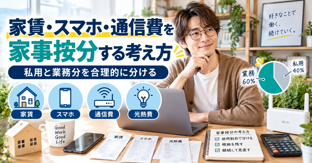 家賃・スマホ・通信費を家事按分する考え方をアイキャッチと同じ人物・雰囲気で整理したARUKITO見出し画像